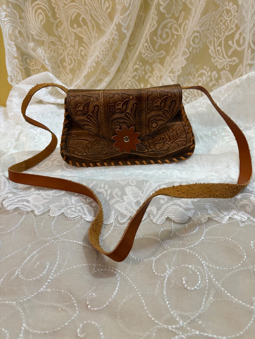 Tooled Leather Crossbody Purse Brown Floral Embossed Hand-Laced